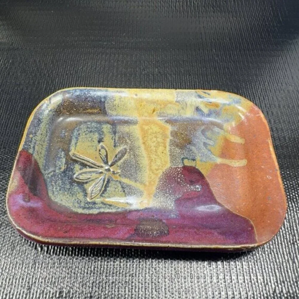 Vintage Hand Made Stoneware Pottery Dish Tray Artist Signed‎ Embossed Butterfly